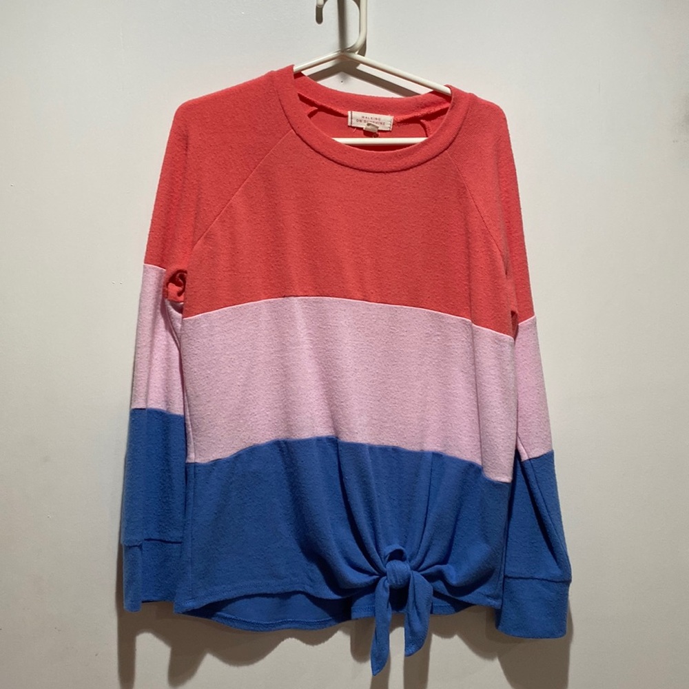 Blue, purple, and pink striped top with tie